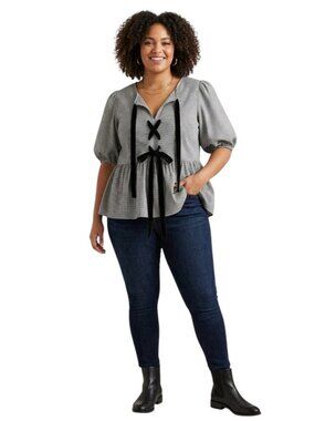 NWOT Chic Soul 1X Gingham Peplum Top Black White Velvet Tie Front Puff Sleeve